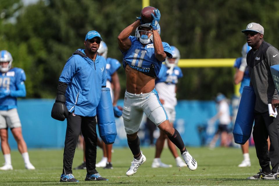 Detroit Lions wide receiver Kalif Raymond makes a catch during joint practice with New York Giants at Detroit Lions headquarters and training facility in Allen Park on Tuesday, August 8, 2023.
