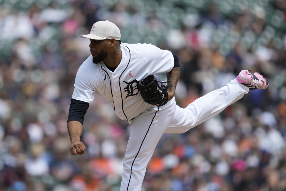 Detroit Tigers relief pitcher Jose Cisnero throws against the Seattle Mariners in the third inning of a baseball game, Sunday, May 14, 2023, in Detroit. (AP Photo/Paul Sancya)