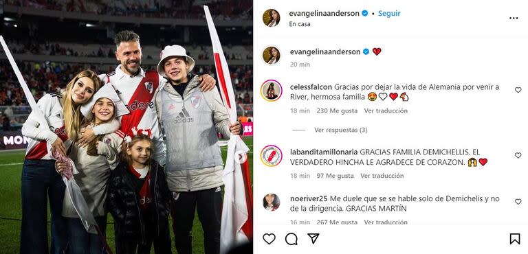 Evangelina mostró el emoji de corazón roto tras la decisión de la dirigencia de River de interrumpir el contrato de Martín Demichelis
