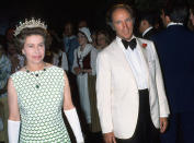 <p>Queen Elizabeth II wearing “Granny’s Tiara” attends a formal event on August 1 with Canadian Prime Minister Pierre Trudeau<br></p>