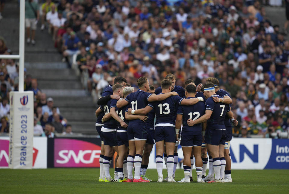 Scottish team gather prior to the Rugby World Cup Pool B match between South Africa and Scotland at the Stade de Marseille in Marseille, France, Sunday, Sept. 10, 2023. (AP Photo/Daniel Cole)