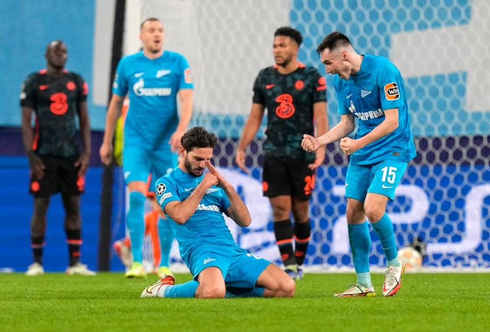 Magomed Ozdoev (centre) levelled at the death for Zenit (Dmitri Lovetsky/AP) (AP)