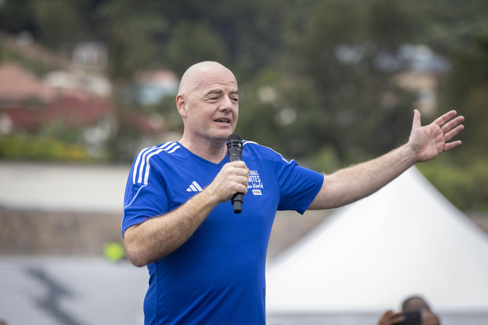 FIFA president Gianni Infantino speaks at a football tournament for delegates to the 73rd FIFA Congress, in Kigali, Rwanda Wednesday, March 15, 2023. The congress is due to take place in the Rwandan capital on Thursday. (AP Photo)