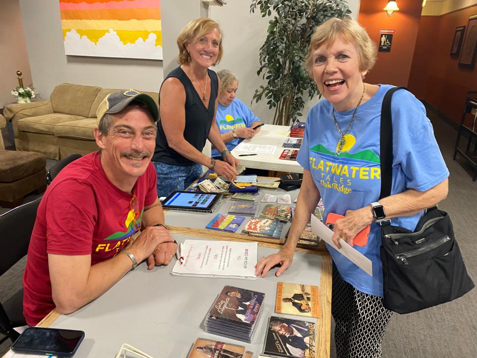 Storyteller Bil Lepp, from left, his wife Paula, and Oak Ridge resident Emily Jernigan share a laugh at the 6th annual Flatwater Tales Storytelling Festival held at Oak Ridge's Historic Grove Theater June 2 and 3, 2023.