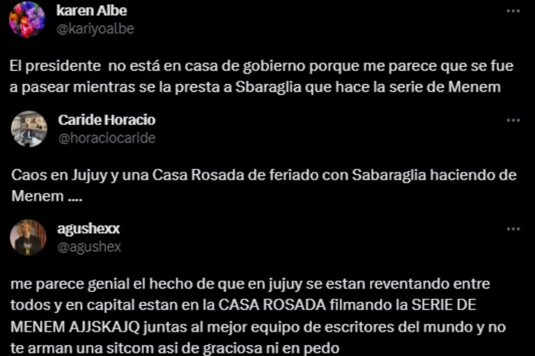 Polémica en las redes por las grabaciones de la serie de Menem en la Casa Rosada mientras en Jujuy se vivía un violento episodio (Foto: Twitter)