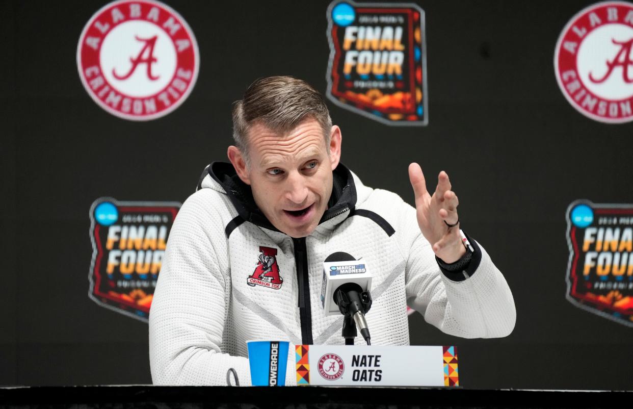 Alabama head coach Nate Oats speaks speaks to the media on Friday. He was E.C. Matthews' high school coach.