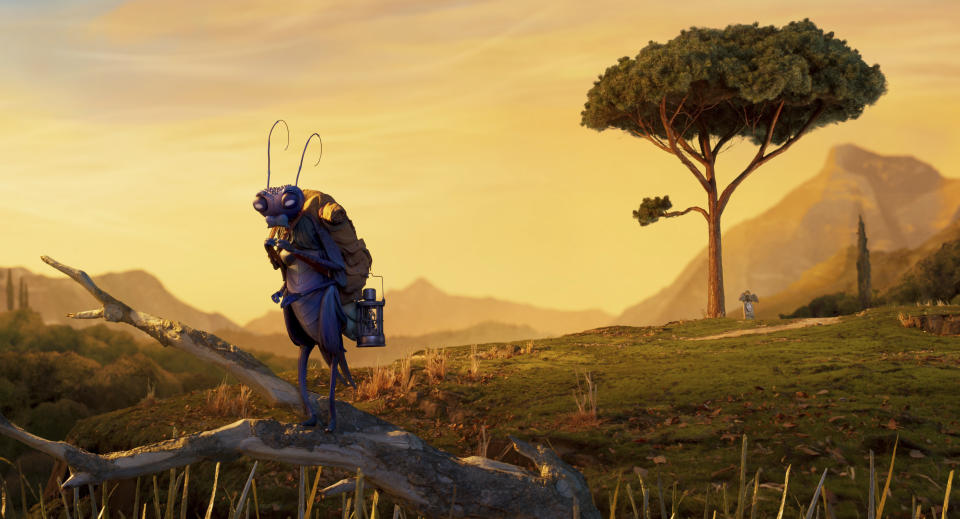 This image released by Netflix shows Sebastian J. Cricket, voiced by Ewan McGregor, in a scene from "Guillermo del Toro's Pinocchio." (Netflix via AP)