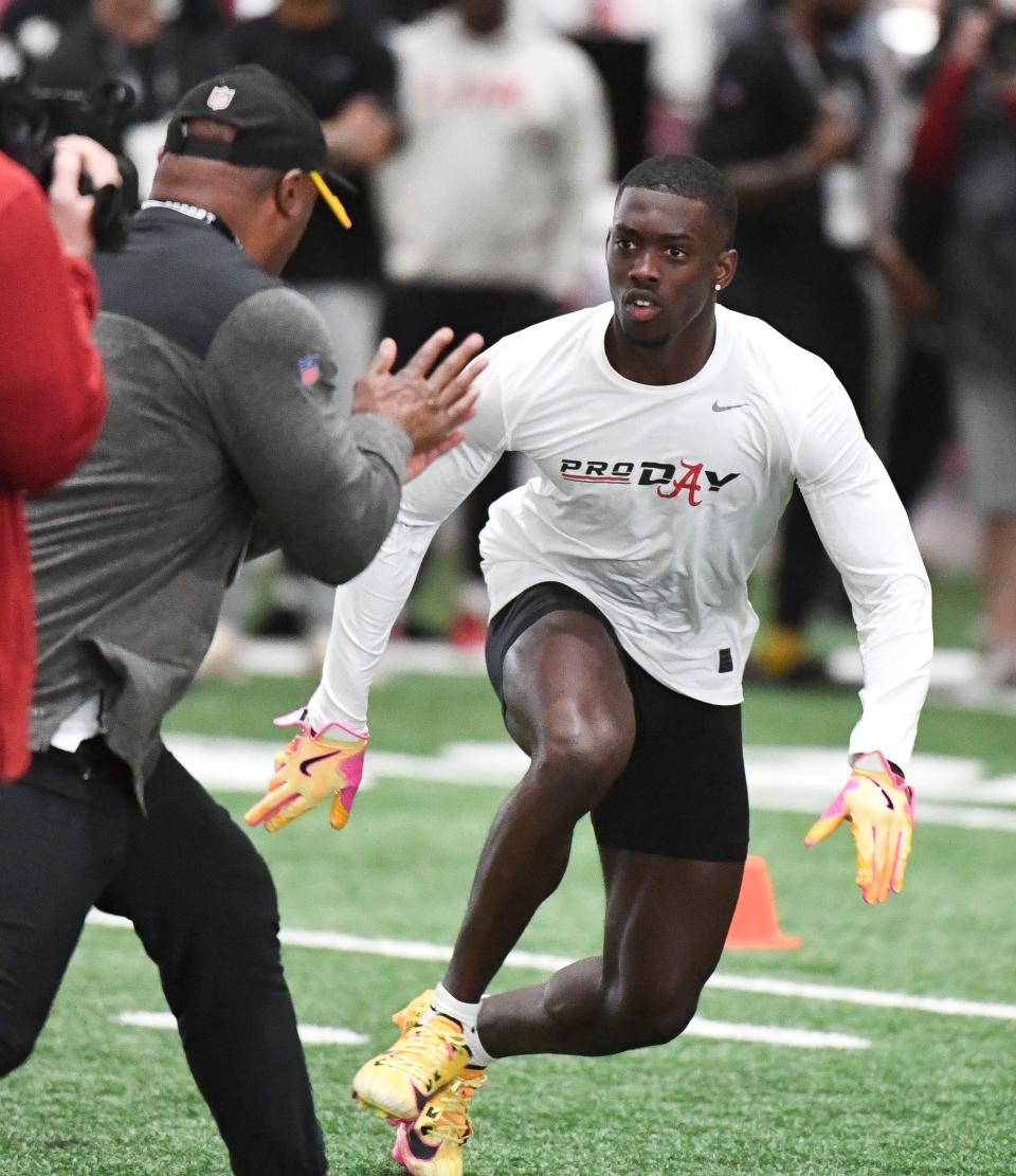 Mar 20, 2024; Tuscaloosa, Alabama, USA; Alabama defensive back Terrion Arnold runs a drill with an NFL scout at the Hank Crisp Indoor Practice Facility during the University of Alabama’s Pro Day.
