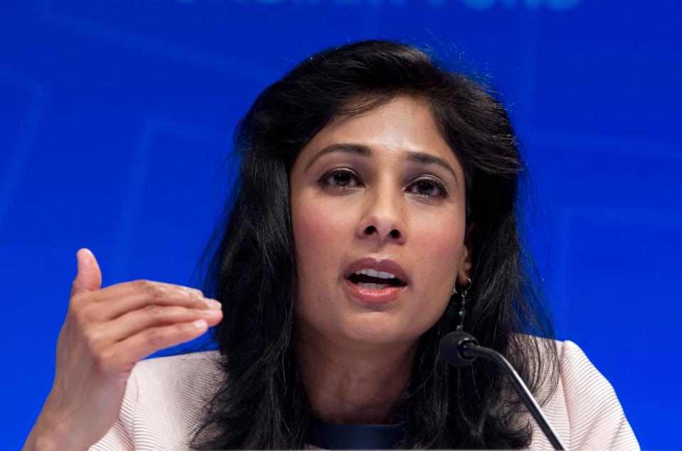 Chief Economist and Director of Research Department at the IMF, Gita Gopinath, speaks during a news conference at the World Bank/IMF Spring Meetings, in Washington, Tuesday, April 9, 2019. (AP Photo/Jose Luis Magana)