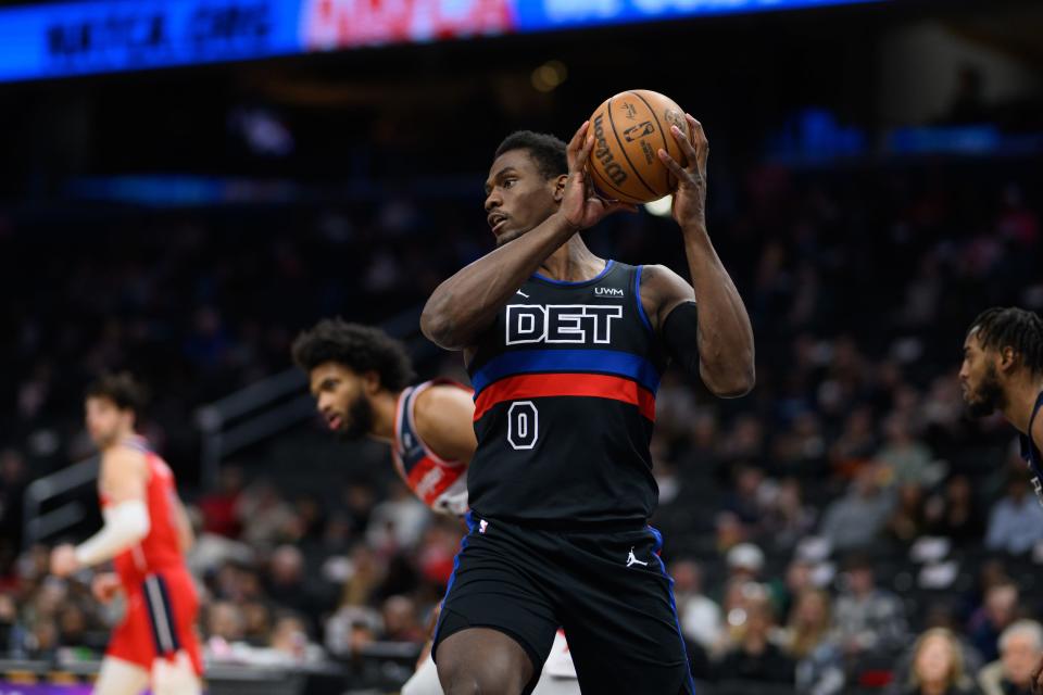Detroit Pistons center Jalen Duren rebounds against the Washington Wizards during the first quarter at Capital One Arena, Friday, March 29, 2024.