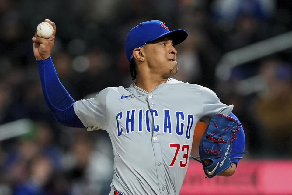 Chicago Cubs pitcher Adbert Alzolay (73) throws during the sixth inning of a baseball game against the New York Mets, Tuesday, April 30, 2024, in New York. The Mets won 4-2. (AP Photo/Julia Nikhinson)