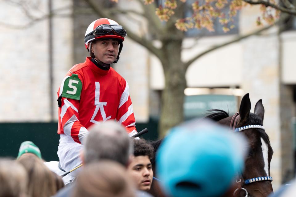 Jockey Brian Hernandez Jr. rides out of the paddock on Shimmering Allure for The 87th Running of The Central Bank Ashland (Grade I) on Friday, April 5, 2024.