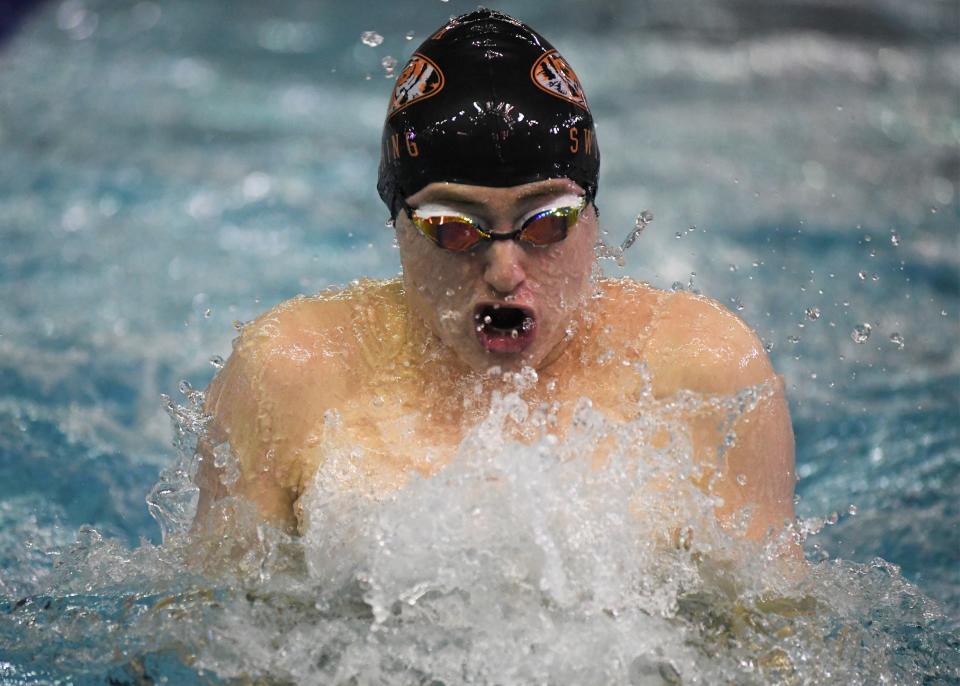 El Paso High's Brayden Goeldner swims in the 100-yard breaststroke at the Region I-5A championships Tuesday, Jan. 8, 2022, at the Pete Ragus Aquatic Center in Lubbock.