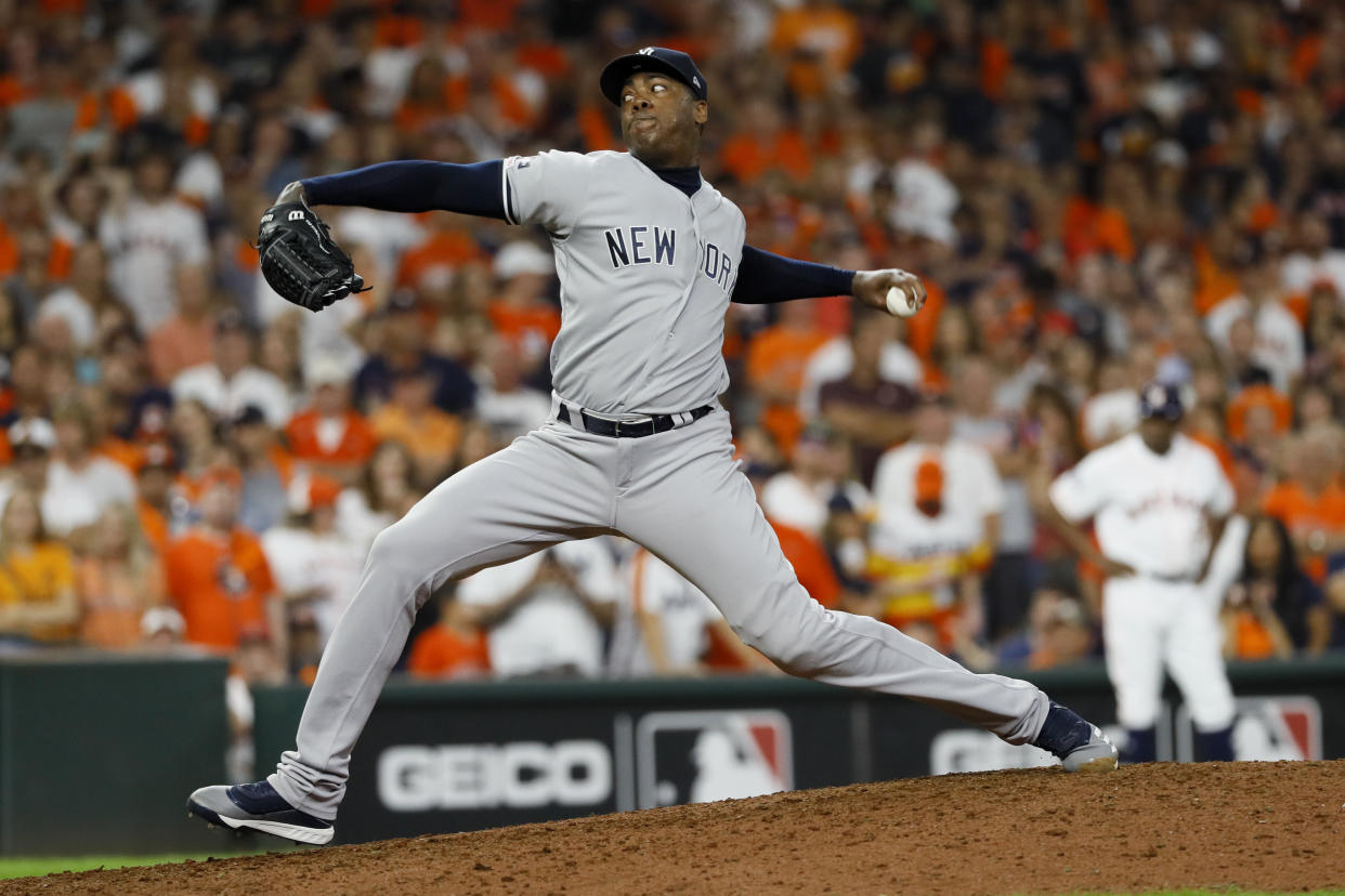 New York Yankees relief pitcher Aroldis Chapman throws against the Houston Astros during the ninth inning in Game 6 of baseball's American League Championship Series Saturday, Oct. 19, 2019, in Houston. (AP Photo/Matt Slocum)