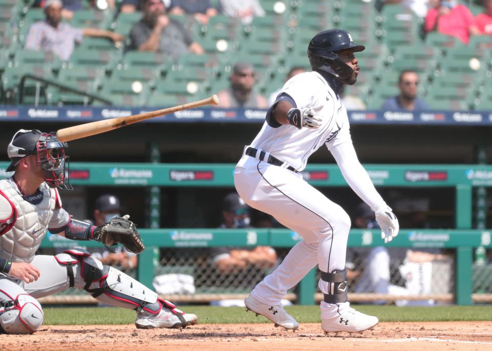 Tigers left fielder Akil Baddoo hits an RBI triple against the Twins during the second inning Wednesday, April 7, 2021, at Comerica Park.