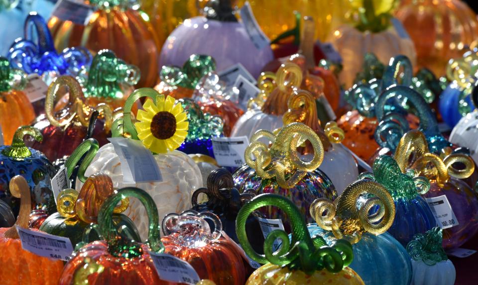 A glass pumpkin patch sparkles in the morning sun ahead of the gates opening at the Sandwich Glass Museum's 11th annual Pumpkinfest, featuring over 700 pumpkins from 14 different glass artists.