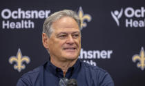 FILE- Mickey Loomis, executive vice president and general manager of the New Orleans Saints, talks with the media about the draft at the NFL football team's headquarters in Metairie, La., Wednesday, April 26, 2023. The Saints could have a hard time passing up a promising prospect at offensive tackle should one be available to them in the 2024 NFL draft. (David Grunfeld/The Times-Picayune/The New Orleans Advocate via AP, File)
