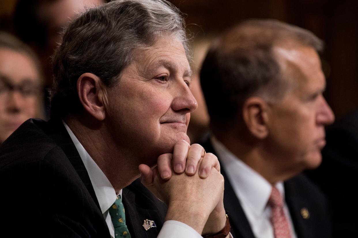 epa07051721 Senator John Kennedy (L), R-La., listens to Christine Blasey Ford, (unseen) testify during the Senate Judiciary Committee hearing on the nomination of Brett Kavanaugh to be an associate justice of the Supreme Court of the United States, on Capitol Hill in Washington, DC, USA, 27 September 2018. US President Donald J. Trump's nominee to be a US Supreme Court associate justice Brett Kavanaugh is in a tumultuous confirmation process as multiple women have accused Kavanaugh of sexual misconduct.  EPA-EFE/TOM WILLIAMS / POOL