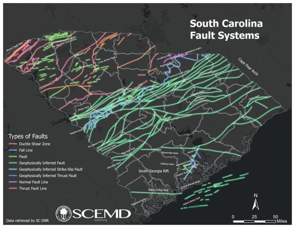 The South Carolina Emergency Management Division map of fault lines in the Palmetto State where there has been a swarm of earthquakes. South Carolina Emergency Management Division