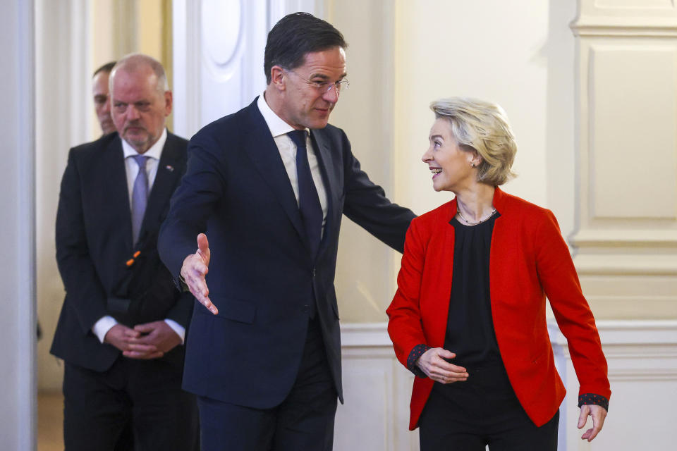 European Commission President Ursula von der Leyen, right, walks with the Prime Minister of the Netherlands, Mark Rutte during their meeting with the Bosnian Presidency in Sarajevo, Bosnia, Tuesday, Jan. 23, 2024. (AP Photo/Armin Durgut)