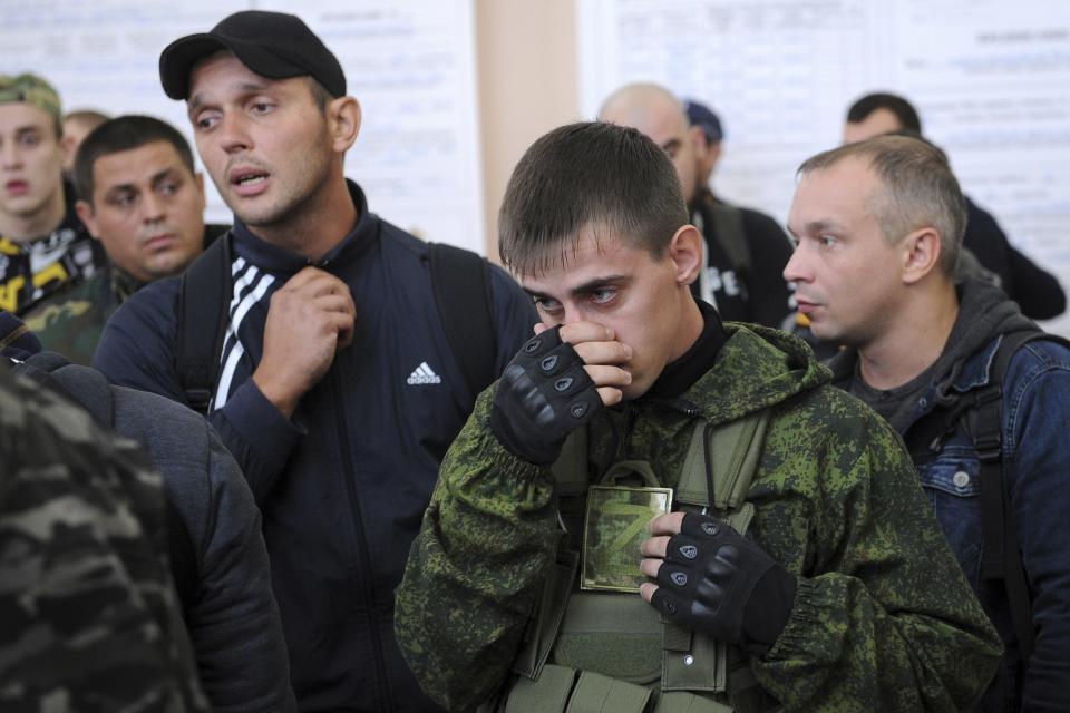 FILE Russian recruits gather inside a military recruitment center of Bataysk, Rostov-on-Don region, south of Russia, Monday, Sept. 26, 2022. Russian President Vladimir Putin last Wednesday ordered a partial mobilisation of reservists to beef up his forces in Ukraine. (AP Photo, File)