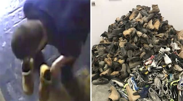 Anyone who recognises their shoes in the pile (right) should contact police. Source: 7 News