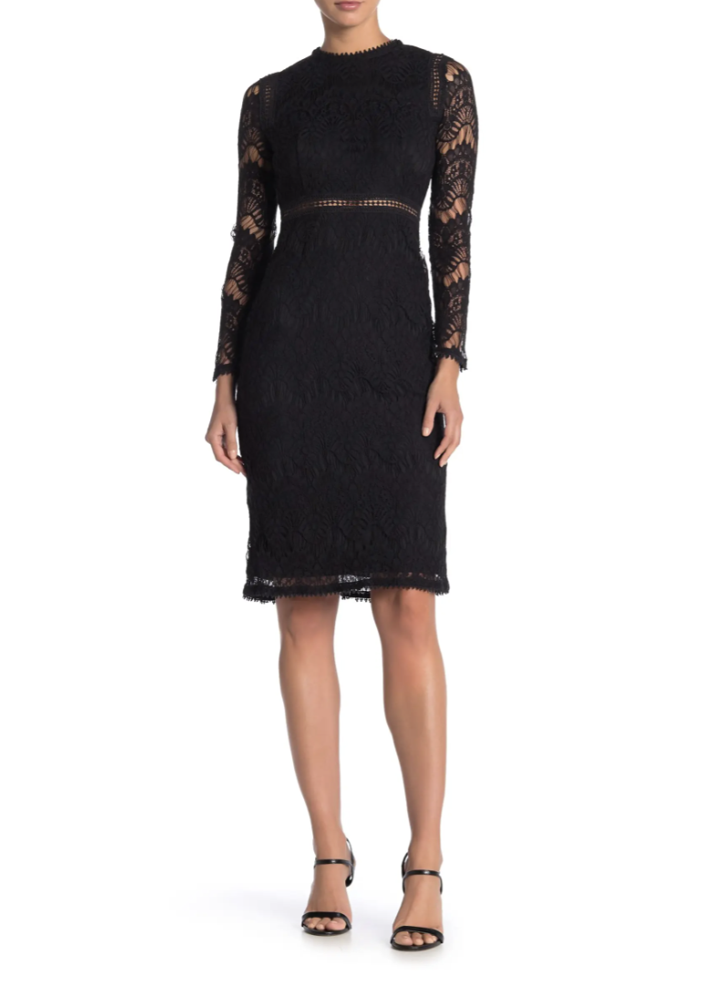 Fall wedding guest dresses: Love by Design Lace Long Sleeve Midi Dress in Black (Photo via Nordstrom Rack)