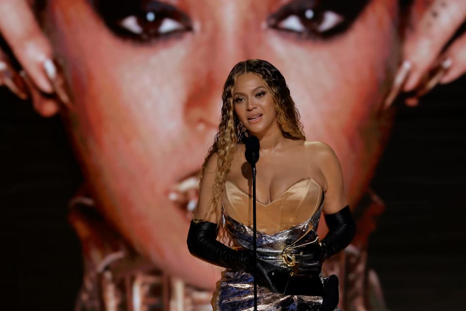 Beyoncé accepting the Grammy Award for best dance/electronic music album for "Renaissance" last month.