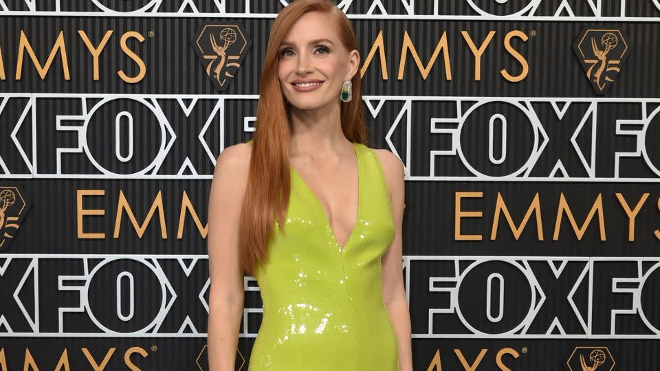 Jessica Chastain wore a chartreuse Gucci dress with beaded fringe, following on the heels of Taylor Swift’s sparkly green number — also by Gucci — at last week’s Golden Globes. - Richard Shotwell/Invision/AP