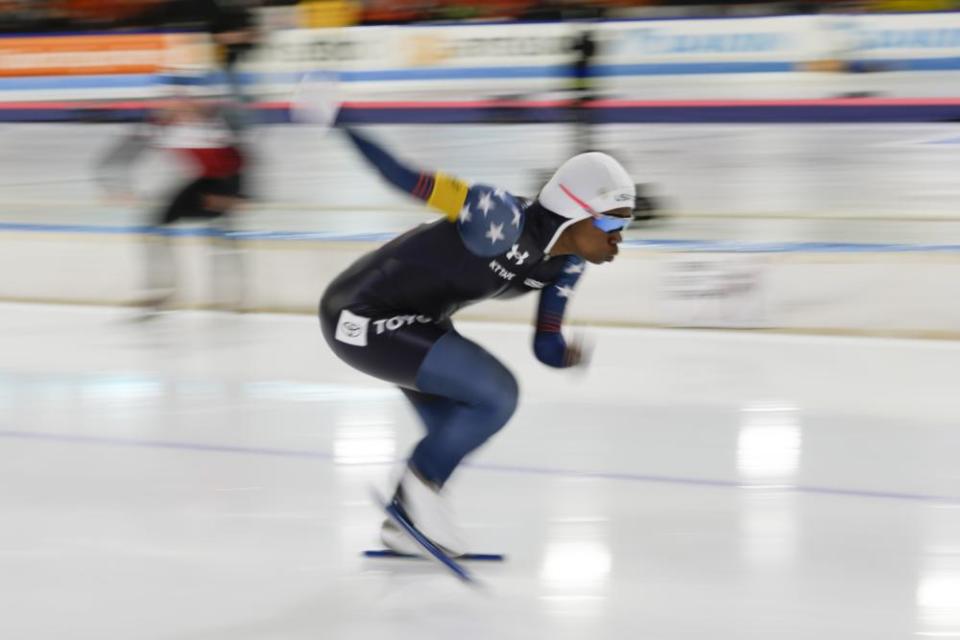 Erin Jackson competes in the women’s 500m race of the World Cup final in Heerenveen, the Netherlands, in March.