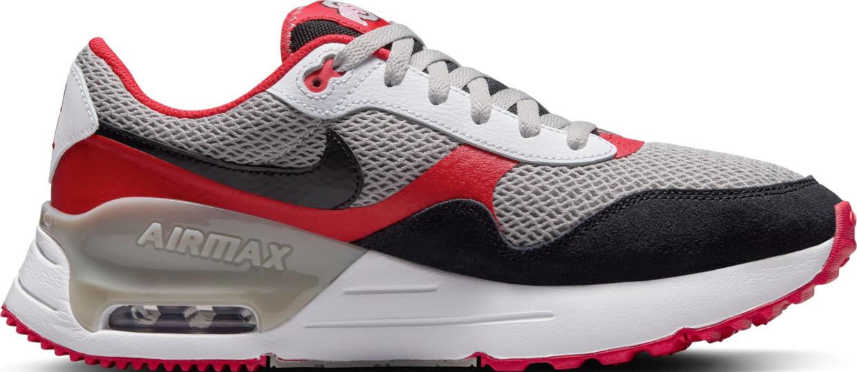 Nike's Ohio State Air Max SYSTM tennis shoes.