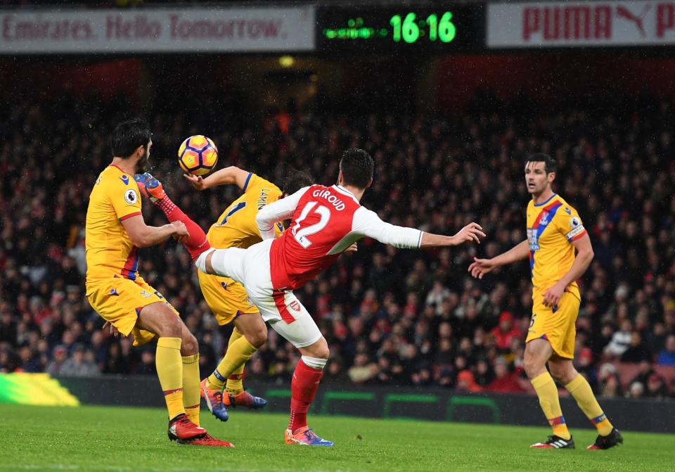 Olivier Giroud nets his scorpion kick against Palace