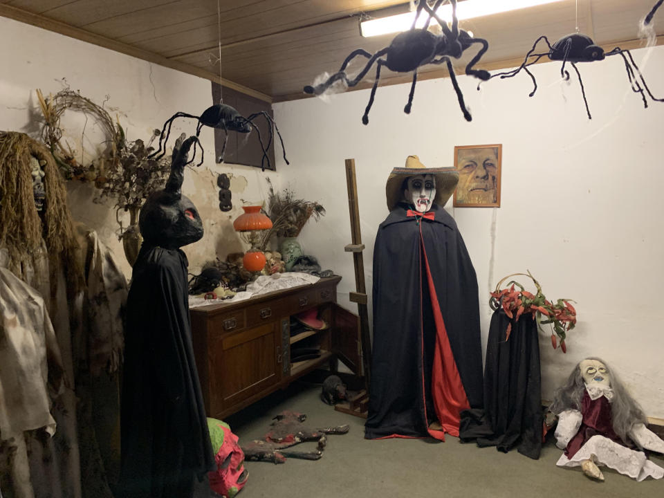 Plastic spiders, witches and halloween decorations inside the home at Melory Crescent in Magill, Adelaide. 