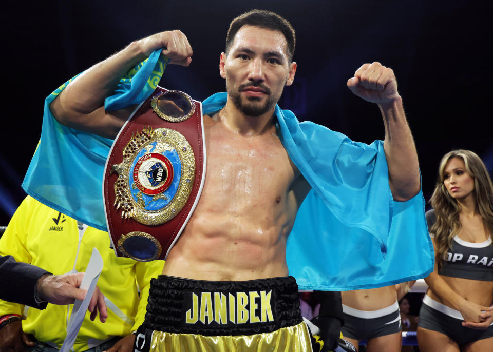 STOCKTON, CALIFORNIA - MAY 13: Janibek Alimkhanuly celebrates after defeating Steven Butler during their WBO middleweight championship fight at Stockton Arena on May 13, 2023 in Stockton, California. (Photo by Mikey Williams/Top Rank Inc via Getty Images)