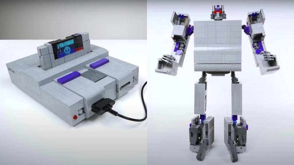 A replica LEGO Super Nintendo next to the giant Transformer robot it turns into