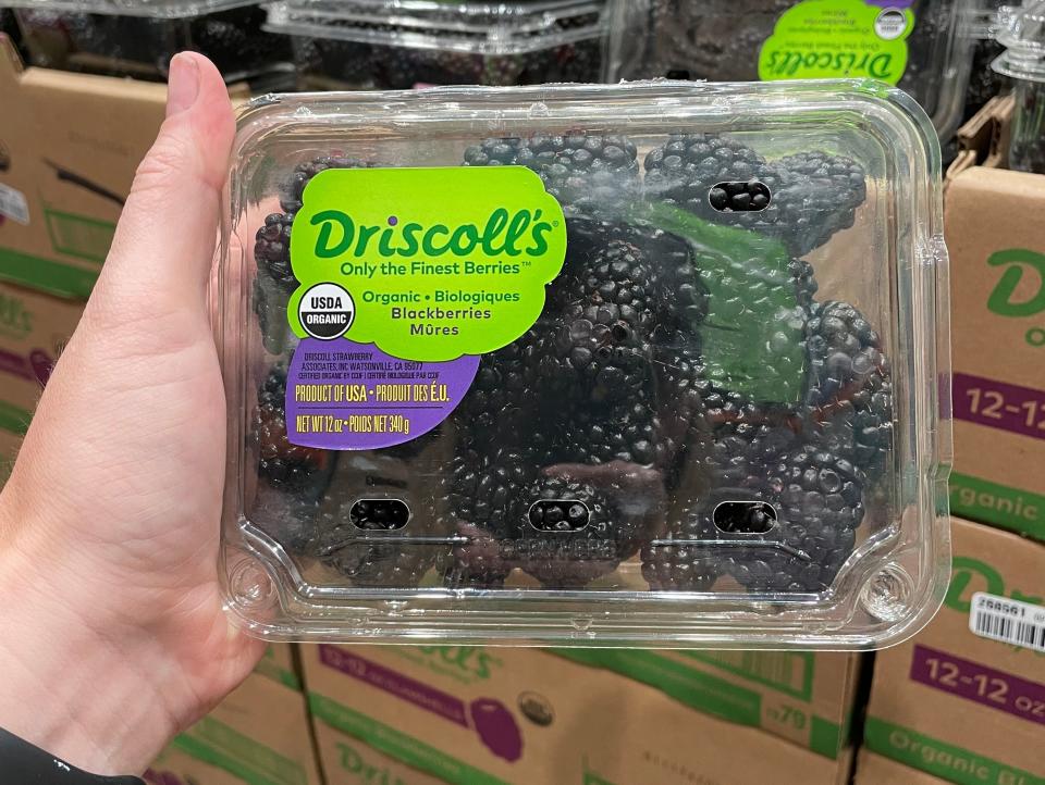 hand holding carton of blackberries at costco