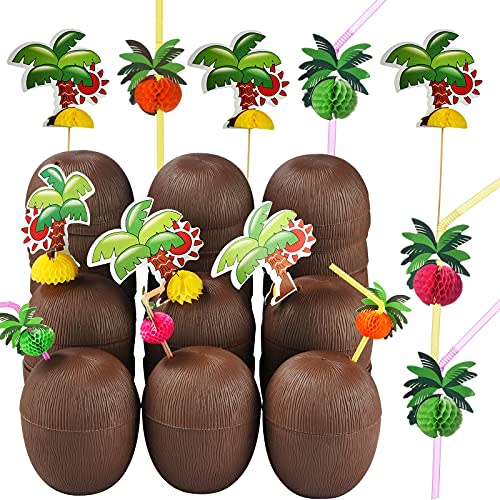 ALINK 18 Coconut Cups with 18 Straws and 18 Cocktail Drink Picks, Hawaiian Luau Tiki and Beach Party Decorations for Kids and Adults
