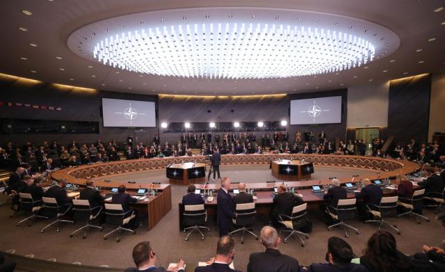 General view taken at the start of the North Atlantic Council (NAC) Ministers of Foreign Affairs meeting at the NATO headquarters in Brussels on April 4, 2023. (Photo by Olivier Matthys/POOL/AFP via Getty Images)