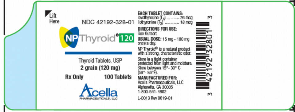 Label for the recalled NP Thyroid, 120 mg tablets