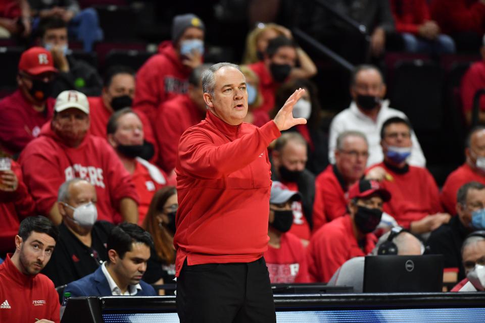 Nov 10, 2021; Piscataway, New Jersey, USA; Rutgers Scarlet Knights head coach Steve Pikiell reacts against the Lehigh Mountain Hawks during the first period at Jersey Mike's Arena. Mandatory Credit: Catalina Fragoso-USA TODAY Sports 