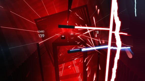 Beat Saber is a VR rhythm game played by swinging dual lightsabers at blocks.