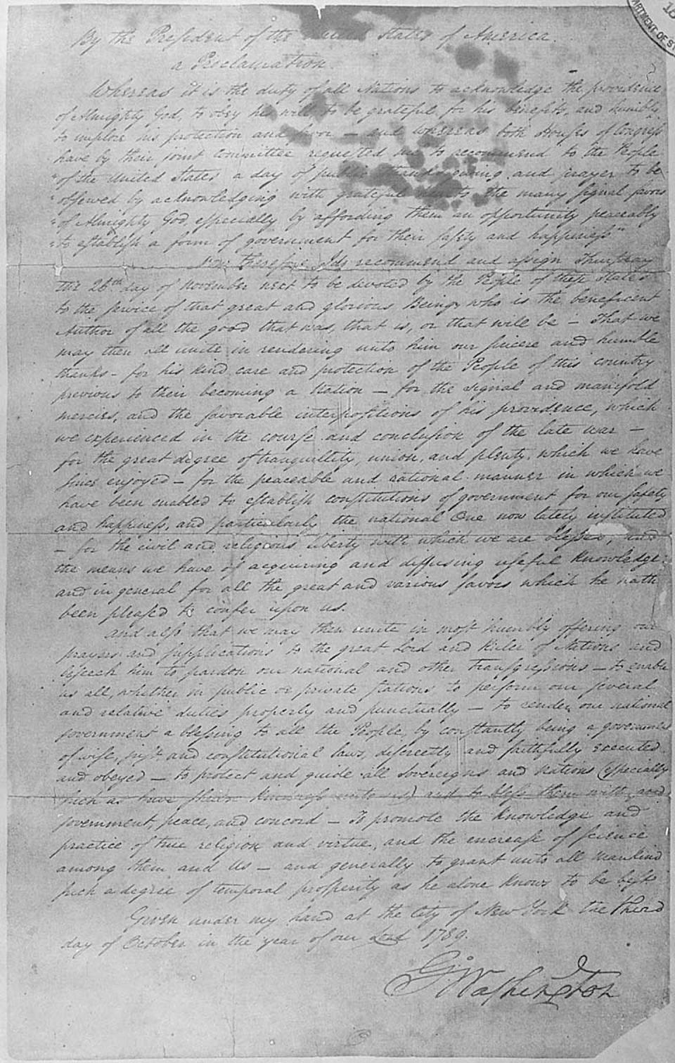 George Washington’s Oct. 3, 1789, Thanksgiving Day Proclamation. <a href="https://catalog.archives.gov/id/299956" rel="nofollow noopener" target="_blank" data-ylk="slk:National Archives;elm:context_link;itc:0;sec:content-canvas" class="link ">National Archives</a>