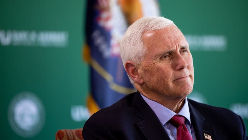 Former Vice President Mike Pence talks to journalists during an interview after speaking at an event at the Zions Bank Building in Salt Lake City on Friday, April 28, 2023.