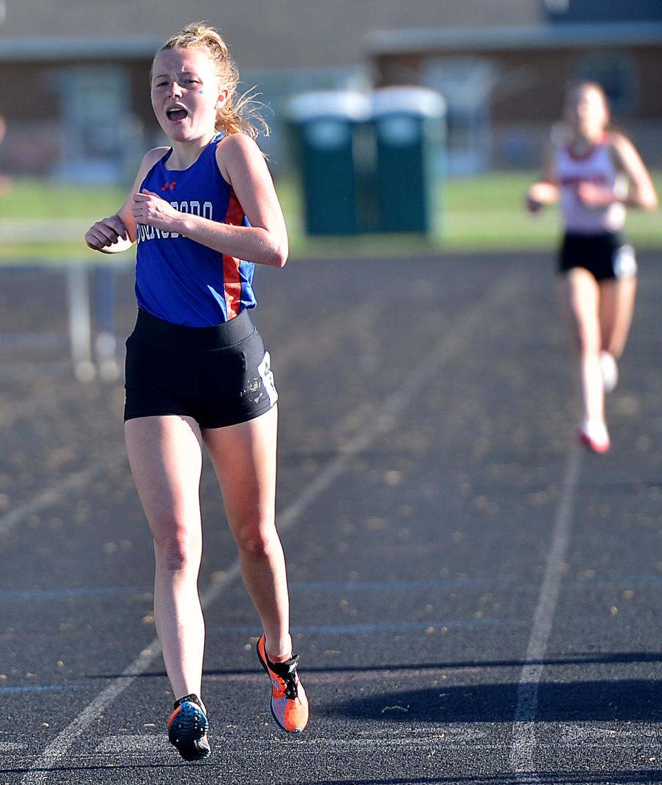 Boonsboro's Caroline Matthews wins the girls 3,200 during the Washington County Track & Field Championships at Boonsboro.