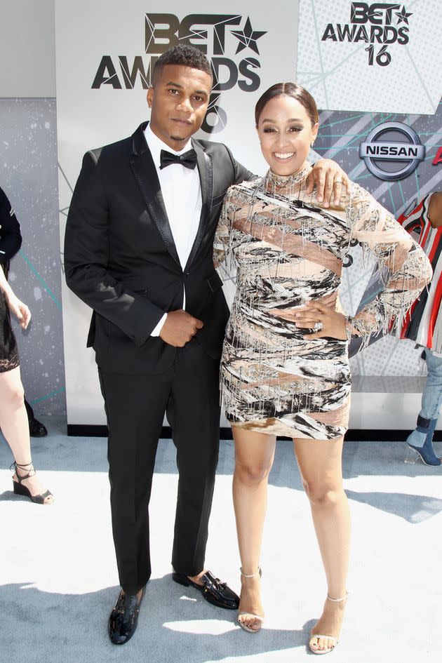 Cory Hardrict, left, and Tia Mowry are photographed at the BET Awards on June 26, 2016, in Los Angeles, California.