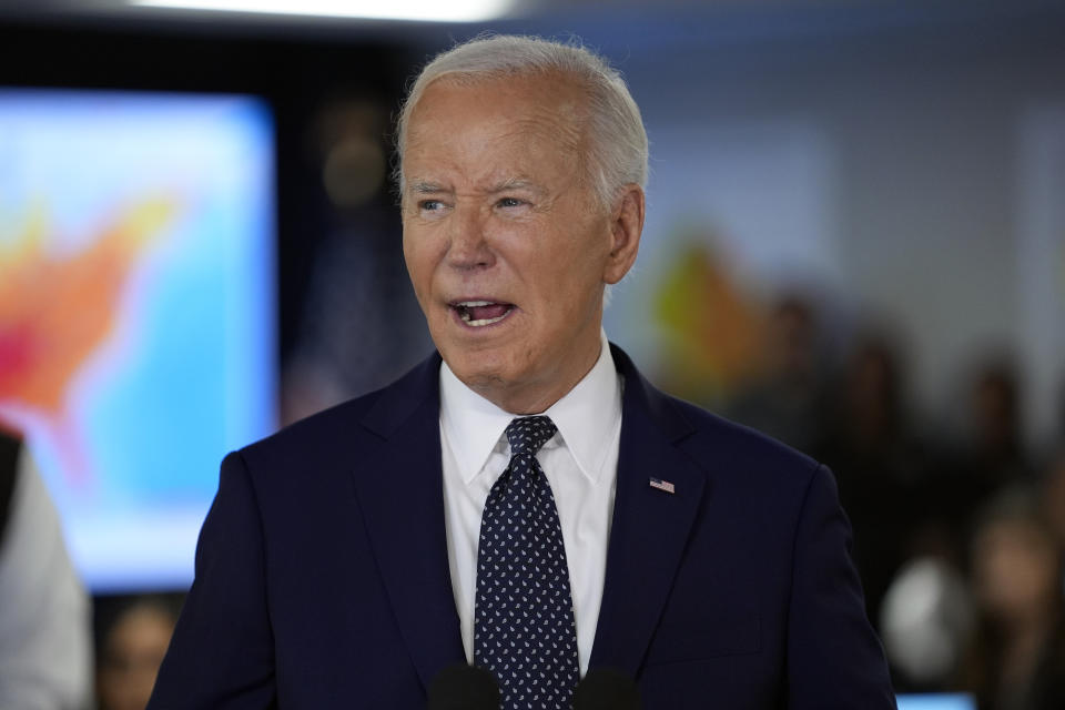 President Joe Biden speaks during a visit to the D.C. Emergency Operations Center, Tuesday, July 2, 2024, in Washington. (AP Photo/Evan Vucci)