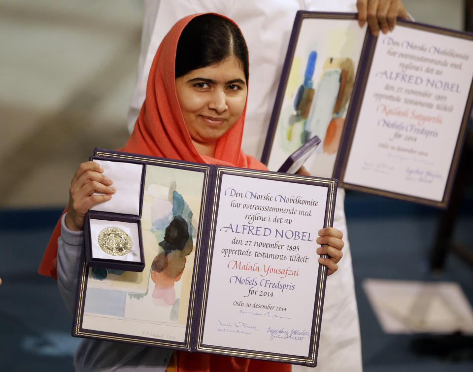 FILE - This Dec. 10, 2014 file photo shows Nobel Peace Prize winner Malala Yousafzai, from Pakistan, during the Nobel Peace Prize award ceremony in Oslo, Norway. (AP Photo/Matt Dunham, File)