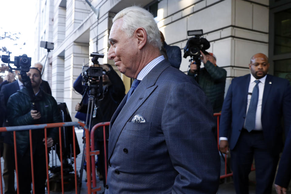 Former campaign adviser for President Donald Trump, Roger Stone, leaves federal court Thursday, Feb. 21, 2019, in Washington. A judge has imposed a full gag order on Trump confidant Roger Stone after he posted a photo on Instagram of the judge with what appeared to be crosshairs of a gun. (AP Photo/Jacquelyn Martin)