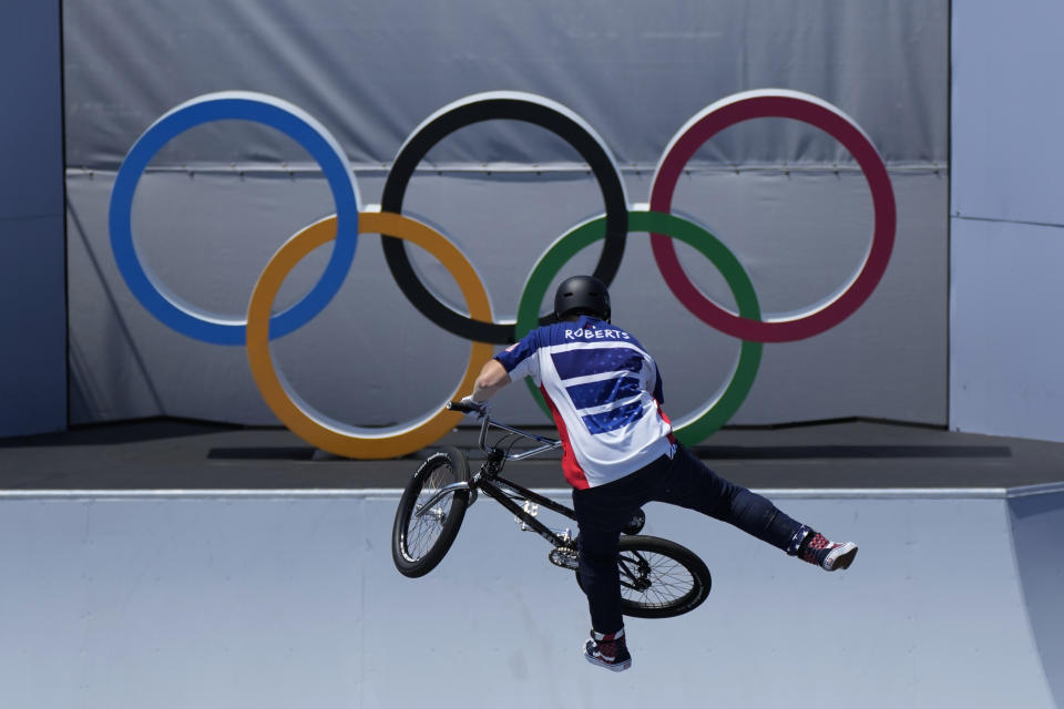 Hannah Roberts of the United States competes in the women's BMX freestyle final at the 2020 Summer Olympics, Sunday, Aug. 1, 2021, in Tokyo, Japan. (AP Photo/Ben Curtis)