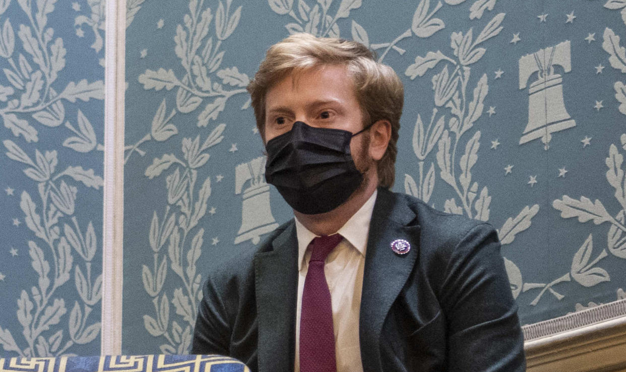 Peter Meijer, R-Mich., are seen lockeRep. Peter Meijer, R-Mich., during the lockdown of the gallery of the House chamber at the Capitol on Jan. 6. (Tom Williams/Congressional Quarterly via ZUMA Press)d down in the gallery of the House chamber shortly before rioters attempted to break in during the joint session of Congress to certify the Electoral College vote on Wednesday, January 6, 2021. (Tom Williams/Congressional Quarterly via ZUMA Press)